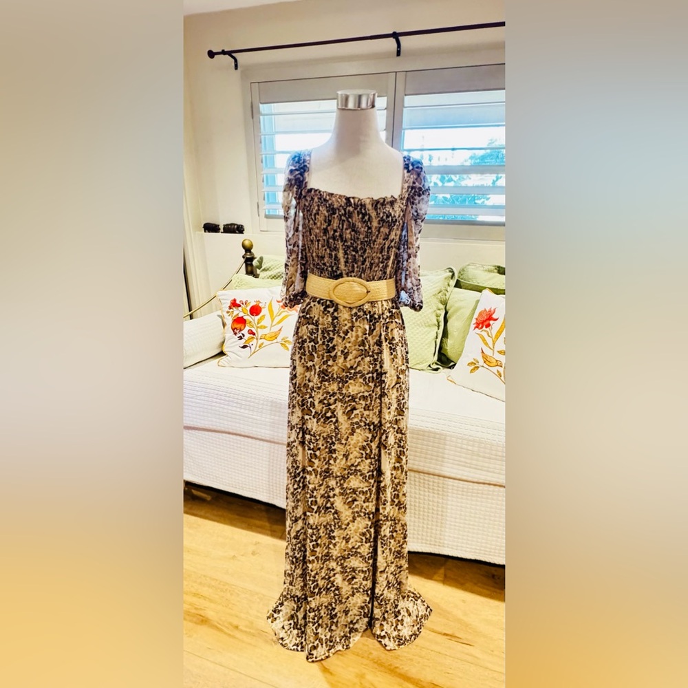 Chiffon cheetah maxi dress with soft slip, smocked, long sleeve and open back.